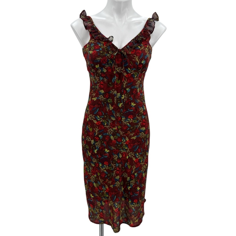 Simple Retro Floral Midi Dress with Ruffle Details